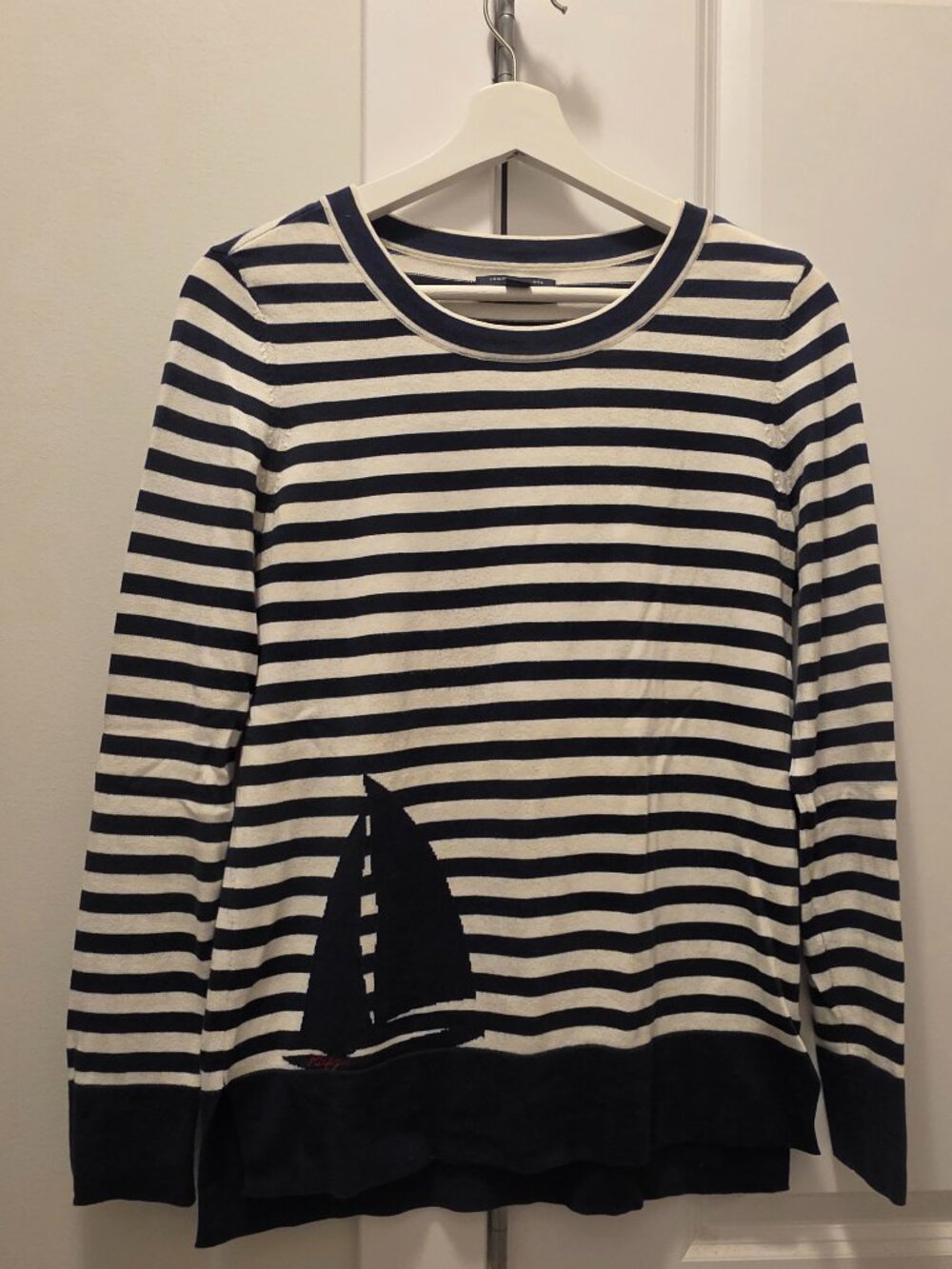 Tommy Hilfiger Nautical Sailboat Striped Knit Sweater Navy White XS